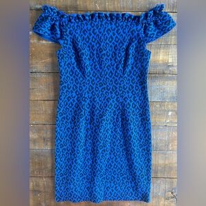 Trina Turk Blue Black Leopard Off Shoulder Party Dress